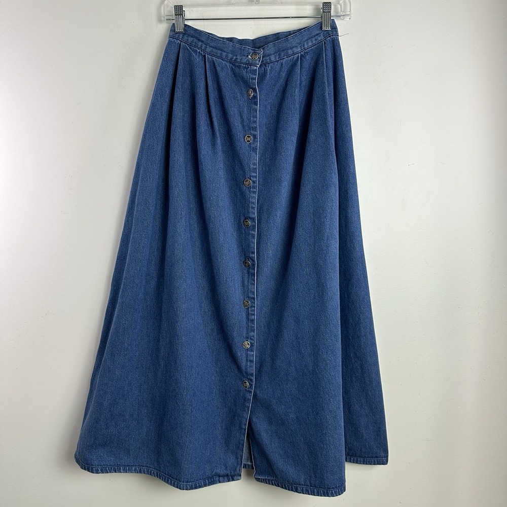 Vintage Eagles Eye Denim Pleated Button Front Midi Skirt Size 6 Prairie Cottage